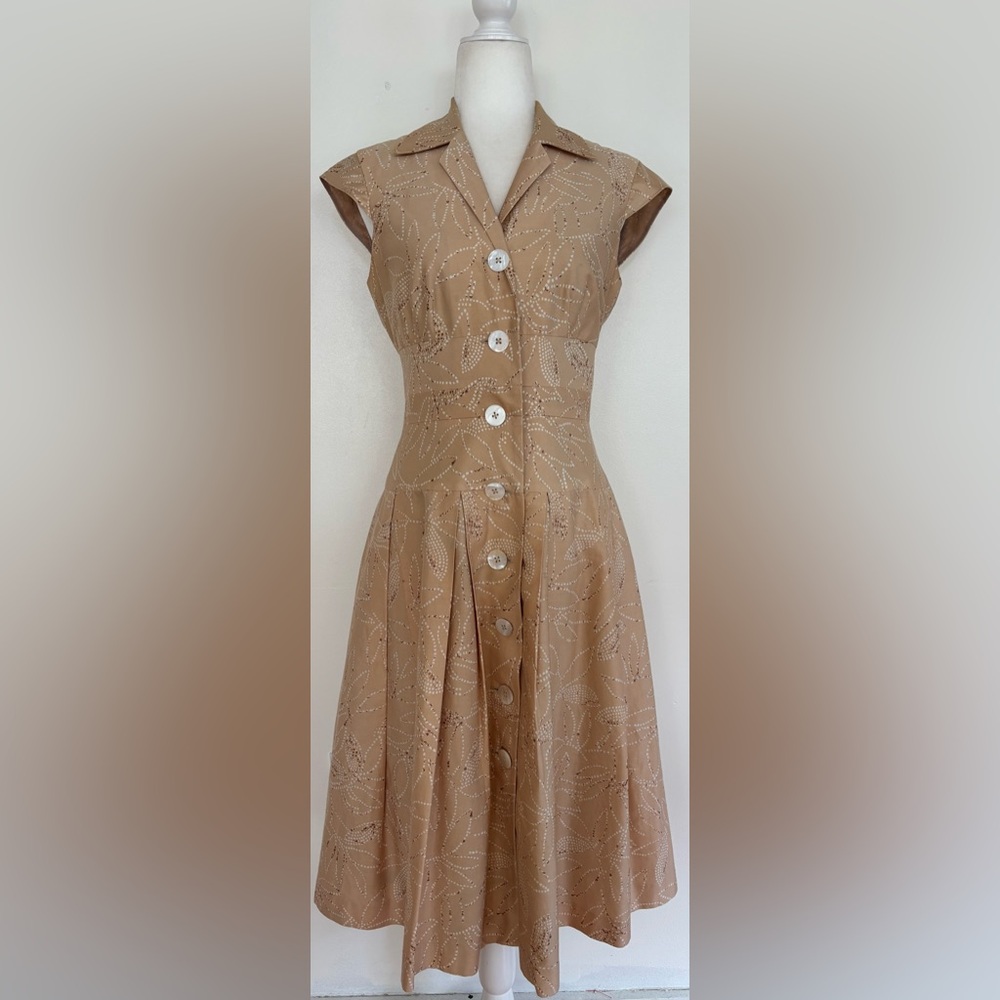 Vintage Llz Claiborne Fit N Flare cotton Dress Size 6 Tan Floral Buttons
